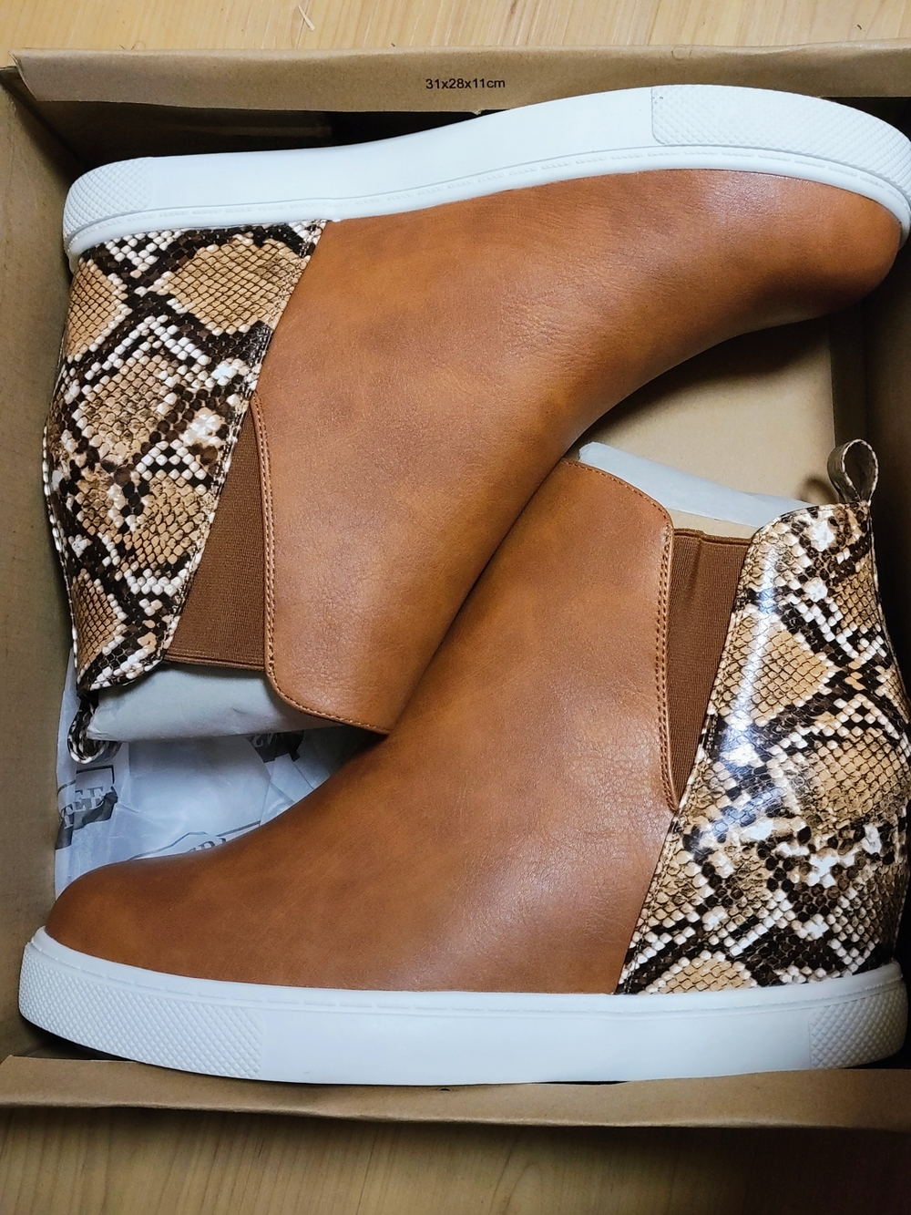 Women’s Chestnut Tan Slip-On Ankle Booties with Snake-Print Heel